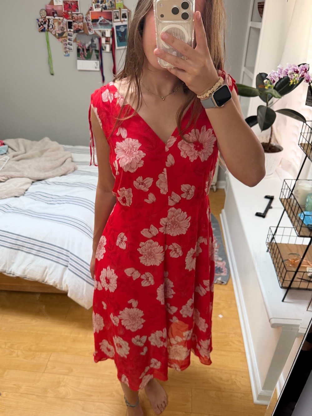 Vince Camuto Red Floral V-Neck Midi Dress with Cream Blooms